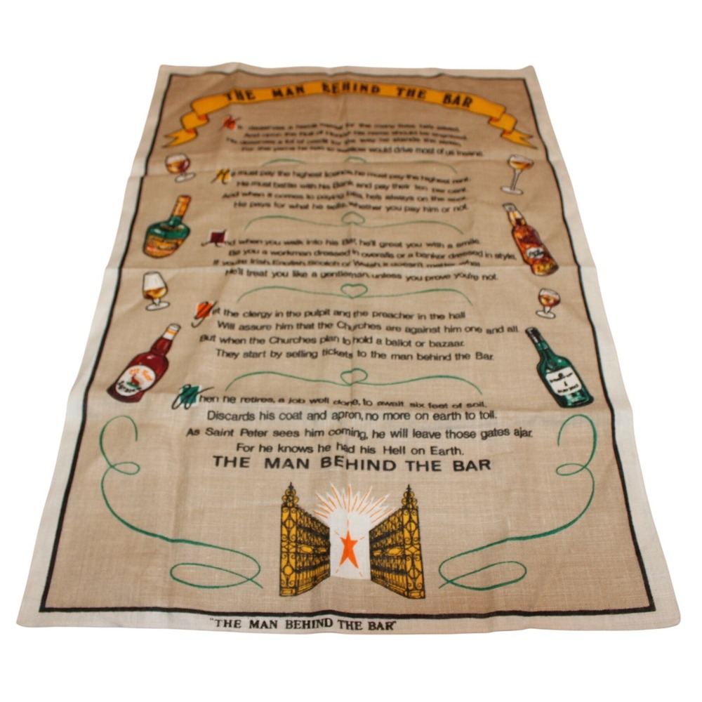 vintage Irish Linen Tea Towel The Man Behind The Bar poem Ireland 29x20